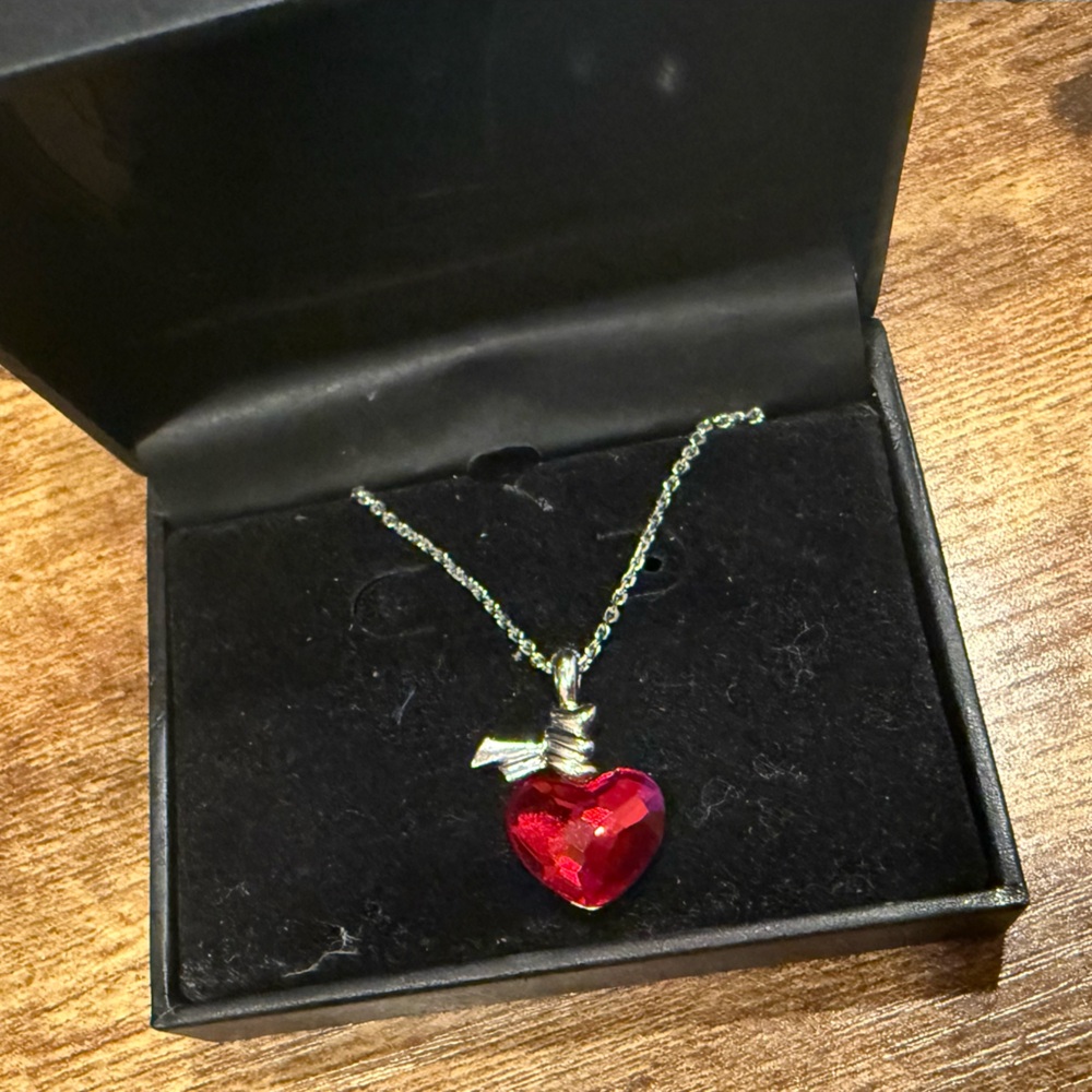 Swarovski Red Crystal Heart Pendant Necklace with Bow Accent